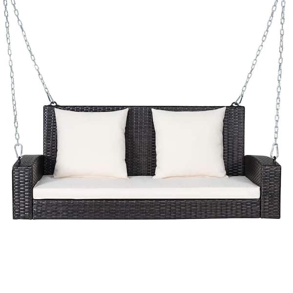 2-Person Patio Rattan Hanging Porch Swing Bench Chair White Cushion