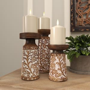 Brown Mango Wood Handmade Floral Carved Pillar Candle Holder (Set of 3)