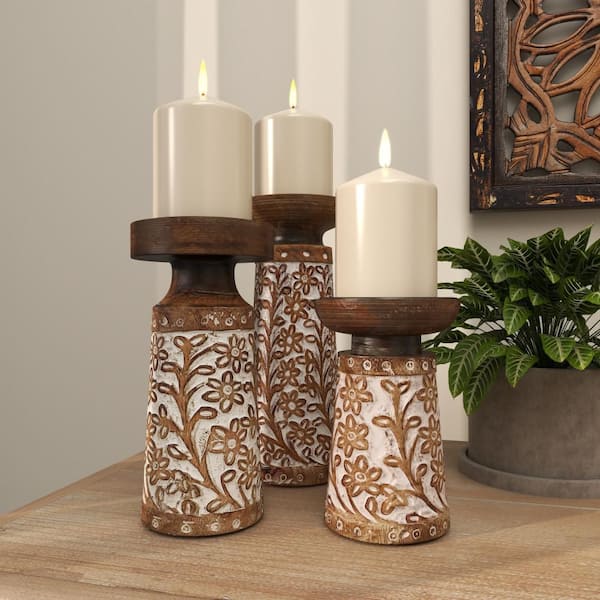 Litton Lane Brown Mango Wood Handmade Floral Carved Pillar Candle Holder (Set of 3)