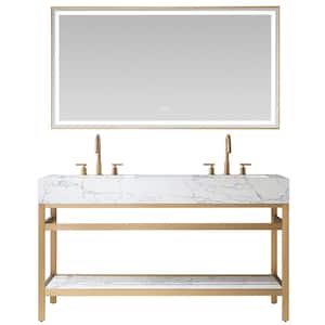 Ecija 60 in. W. x 22 in. D x 33.9 in. H Double Sink Bath Vanity in Brushed Gold with White Stone Top and Mirror
