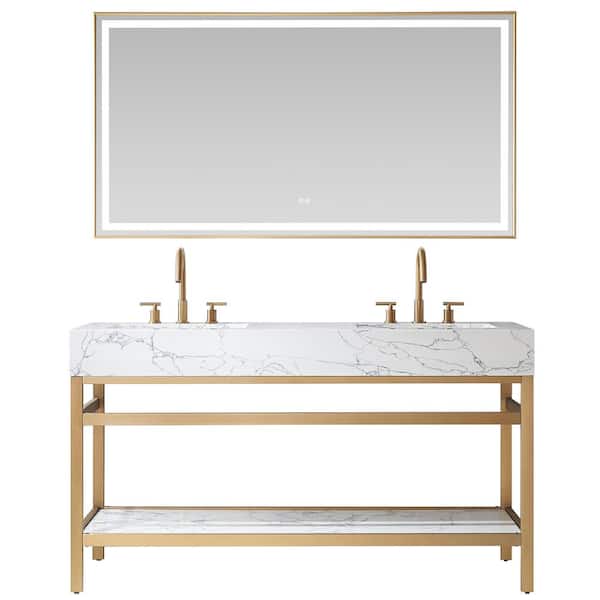 ROSWELL Ecija 60 in. W. x 22 in. D x 33.9 in. H Double Sink Bath Vanity in Brushed Gold with White Stone Top and Mirror