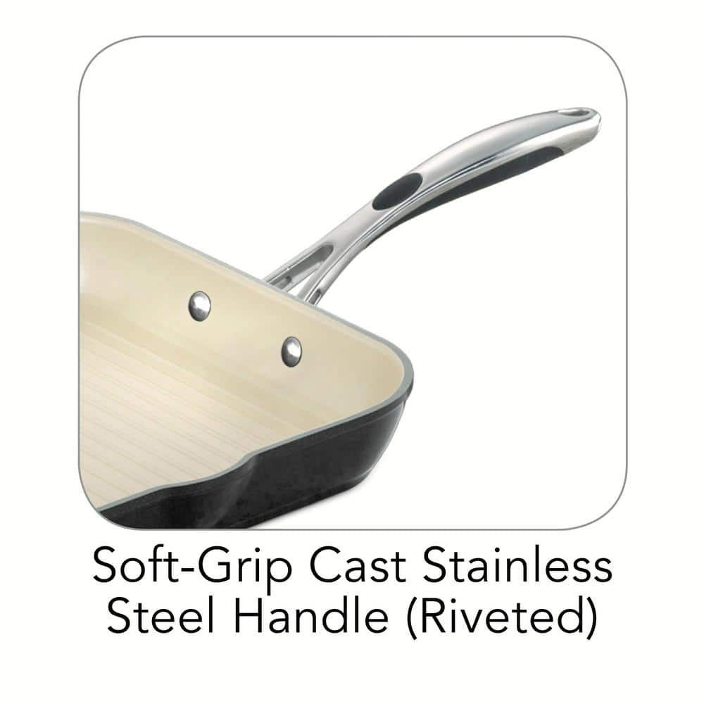 11-Inch Metallic Black Ceramic Square Grill Pan with Stainless Steel Handle