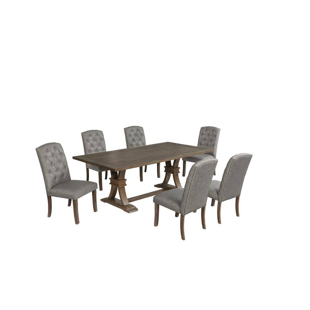 Elise 7-Piece Rectangle Rustic Grey Finish Wood Top Dining Set With 6 Grey Linen Fabric Side Chairs