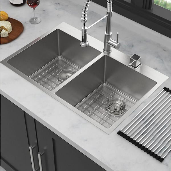 33 in. Drop-In Double Bowl(50/50) 16 Gauge Brushed Nickel Stainless Steel Kitchen Sink with Bottom Grids