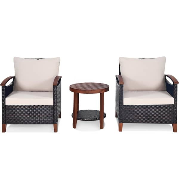 Gymax 3-Piece Patio Wicker Rattan Conversation Set Outdoor Furniture Set with Beige Cushion
