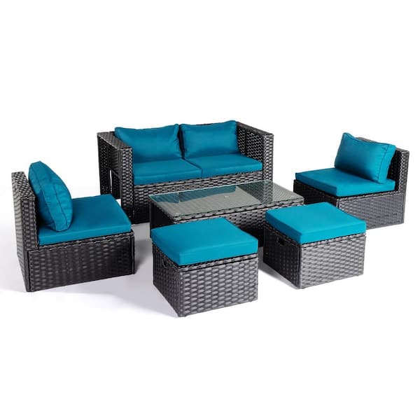 6-Piece Black Wicker Patio Conversation Set with Malachite Green Cushions