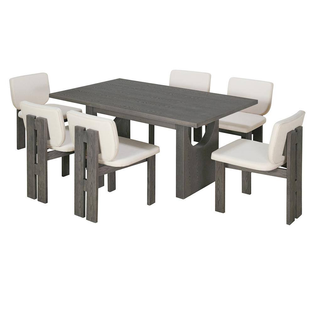 7-Piece Rectangular Gray MDF Top Dining Room Set with 6 Upholstered Chairs