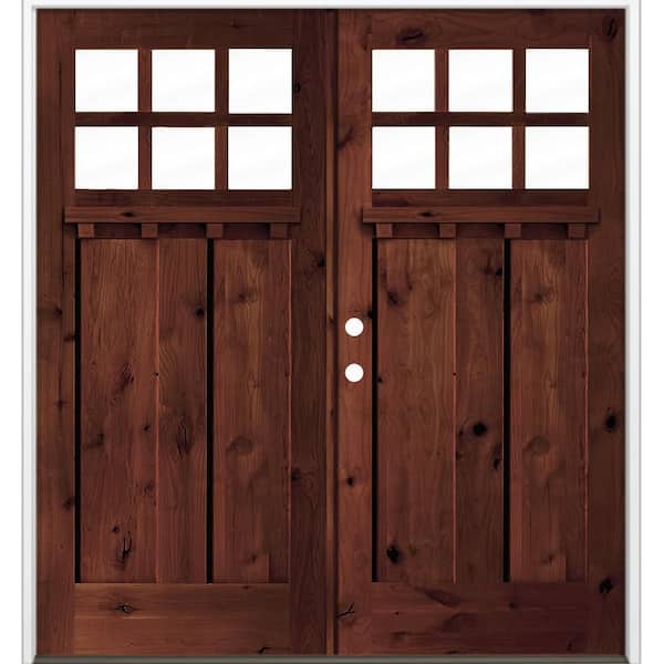 64 in. x 80 in. Knotty Alder Right-Hand/Inswing Double DS 6-Lite Clear Glass Red Mahogany Stain Wood Prehung Front Door