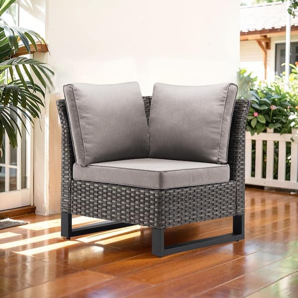 Gymojoy Valenta Gray Wicker Corner Outdoor Sectional Chair with Gray Cushions