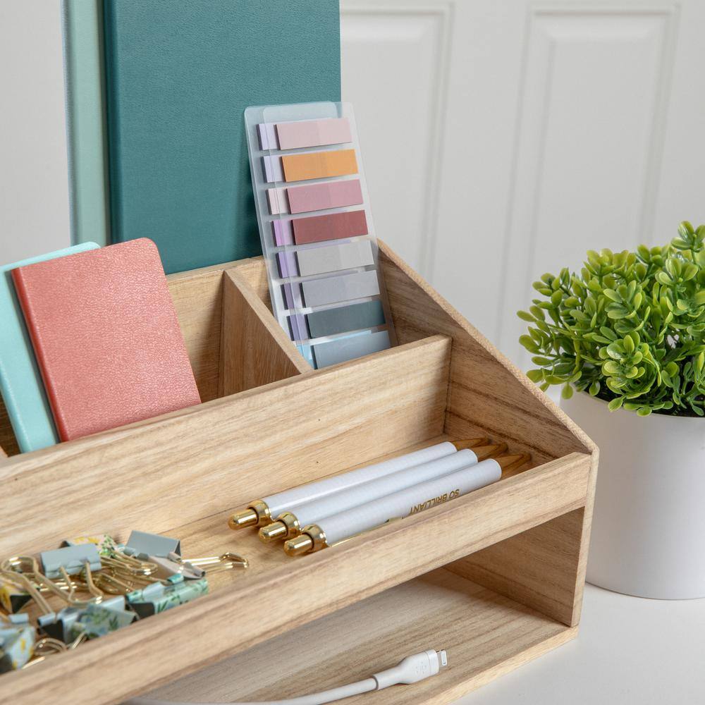 Light Natural Paulownia Wood Desktop Organizer with Open Storage