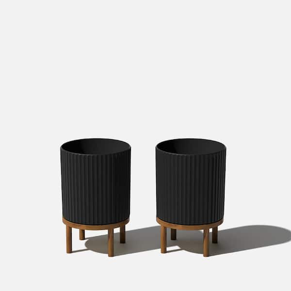 Veradek Demi Medium Black Plastic Round Planter with Brown Stand and Drainage Hole (10.5 in. L x 10.5 in. W x 16 in. H) (2-Pack)