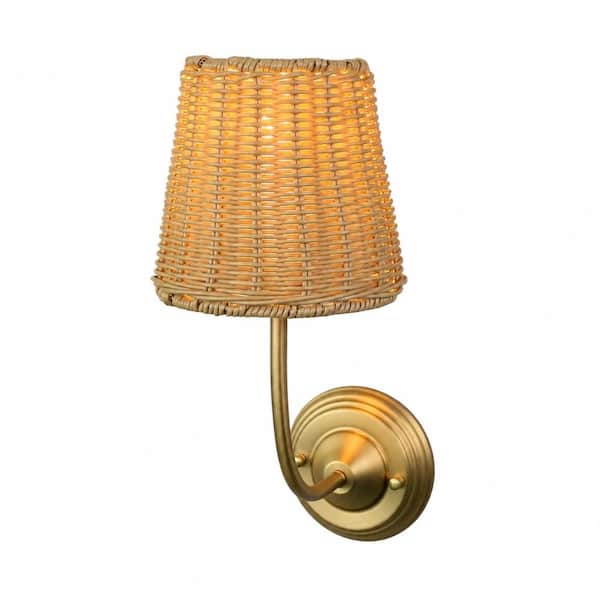 Rattan Boho Wrapped Wall Sconce, Hand-Woven Gold Farmhouse Vintage Wall Lamp, Brass Shade Fixture for Bedroom