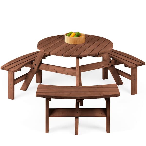 Best Choice Products 6-Person Dark Brown Circular Wooden Picnic Table w/ Umbrella Hole, 3 Benches