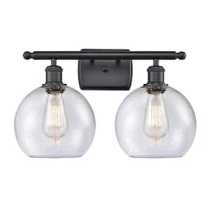 Athens 18 in. 2-Light Matte Black Vanity Light with Seedy Glass Shade
