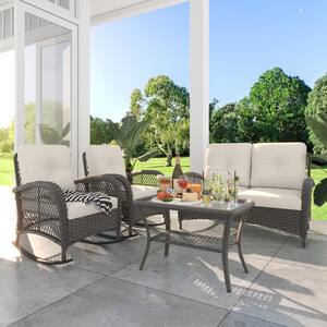 4-Piece Patio Wicker Conversation Set with Beige Cushions and Side Table