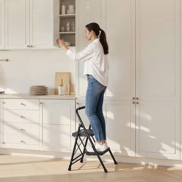2 Step Ladder, Lightweight 600 lbs. Capacity Portable Steel Ladder, Folding Step Stool with Wide Anti-Slip Pedal, Black