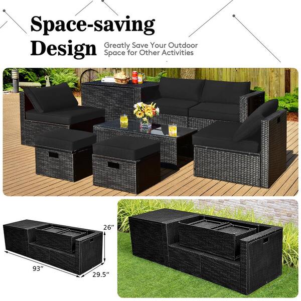 Costway 8-Piece Wicker Patio Set Storage Table Ottoman with Black Cushions HW68605DK+ - The Home Depot