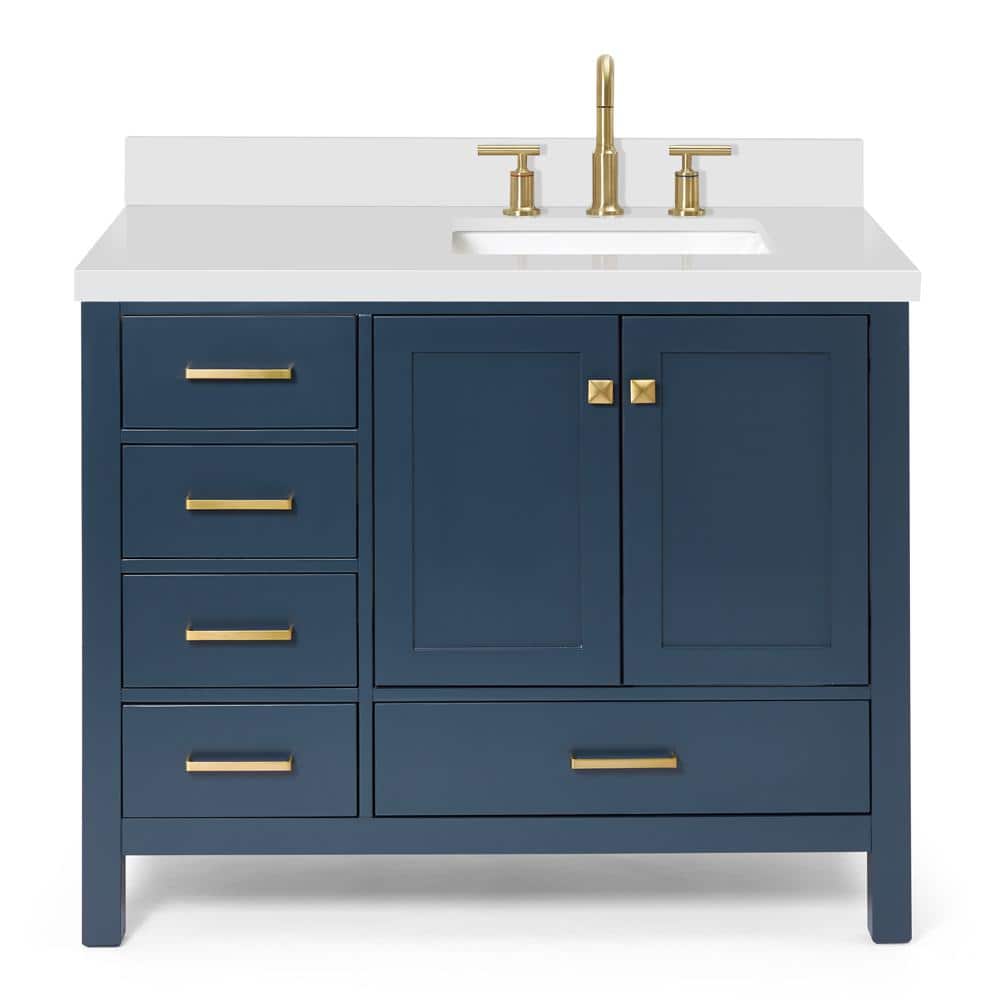 Midnight Blue 43" Freestanding Vanity with White Quartz Top