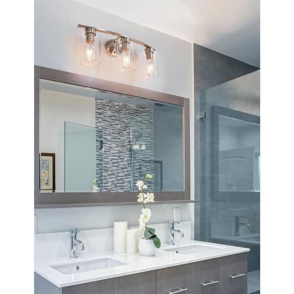 Lucy 22.4 in. 3-Light Curved Brushed Nickel Bathroom Vanity Light Fixtures with Glass Shade
