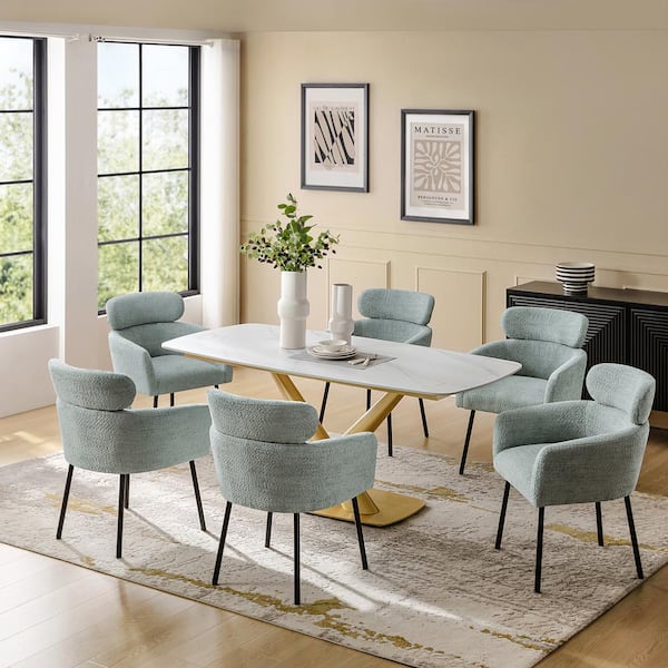 Gun White 7-Piece Modern Dining Set with 6 Sage Chairs
