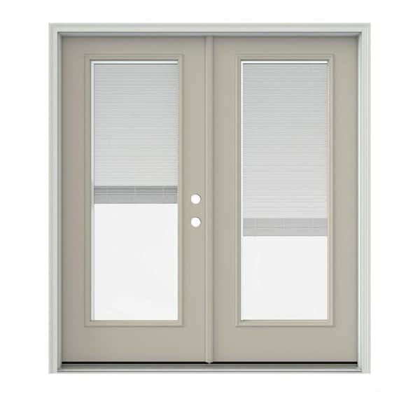 72 in. x 80 in. Desert Sand Painted Steel Left-Hand Inswing Full Lite Glass Active/Stationary Patio Door w/Blinds