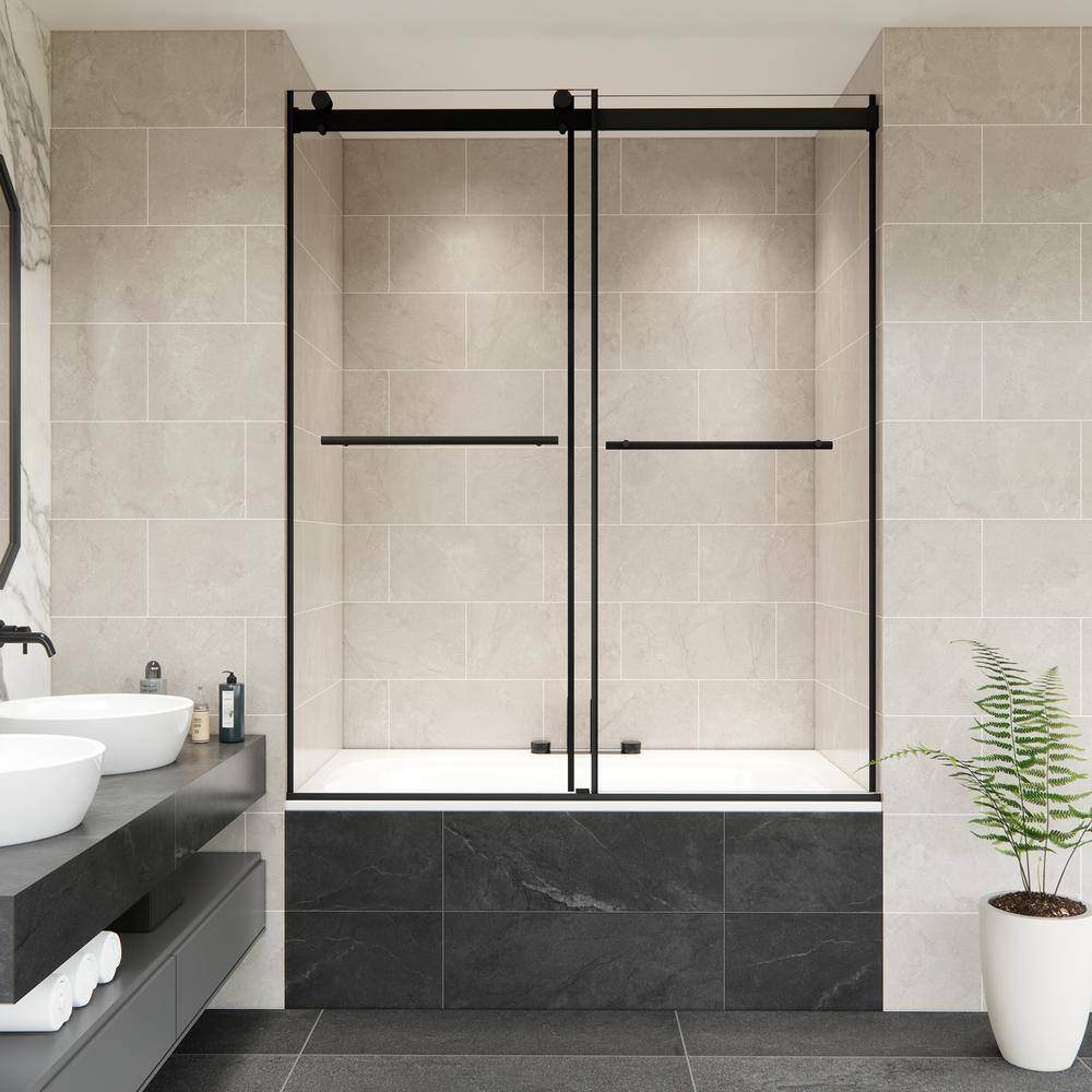 Belizzi 60" Matte Black Frameless Tub Door with Clear Glass