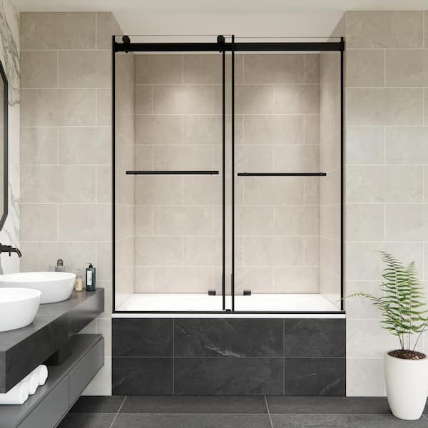 Altair Belizzi 60 in. W x 58 in. H Sliding Tub Door in Matte Black with Clear Glass