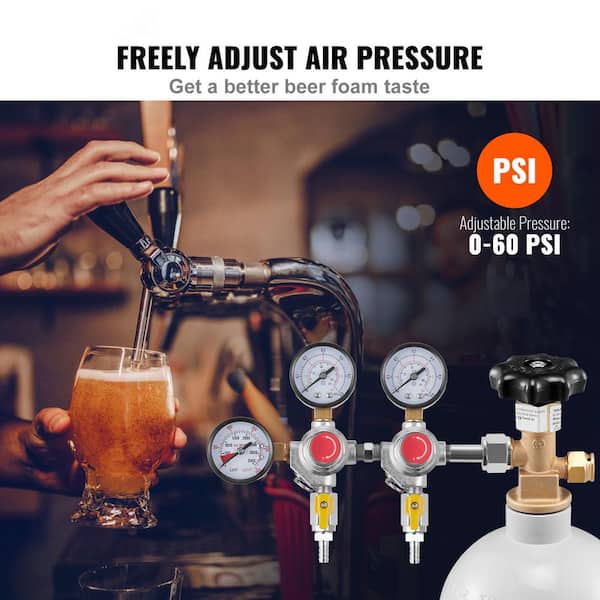 Triple Gauge CO2 Regulator, 0-60 PSI Heavy Duty Gas System Draft Beer Brass Regulator with Check Valve in Silver