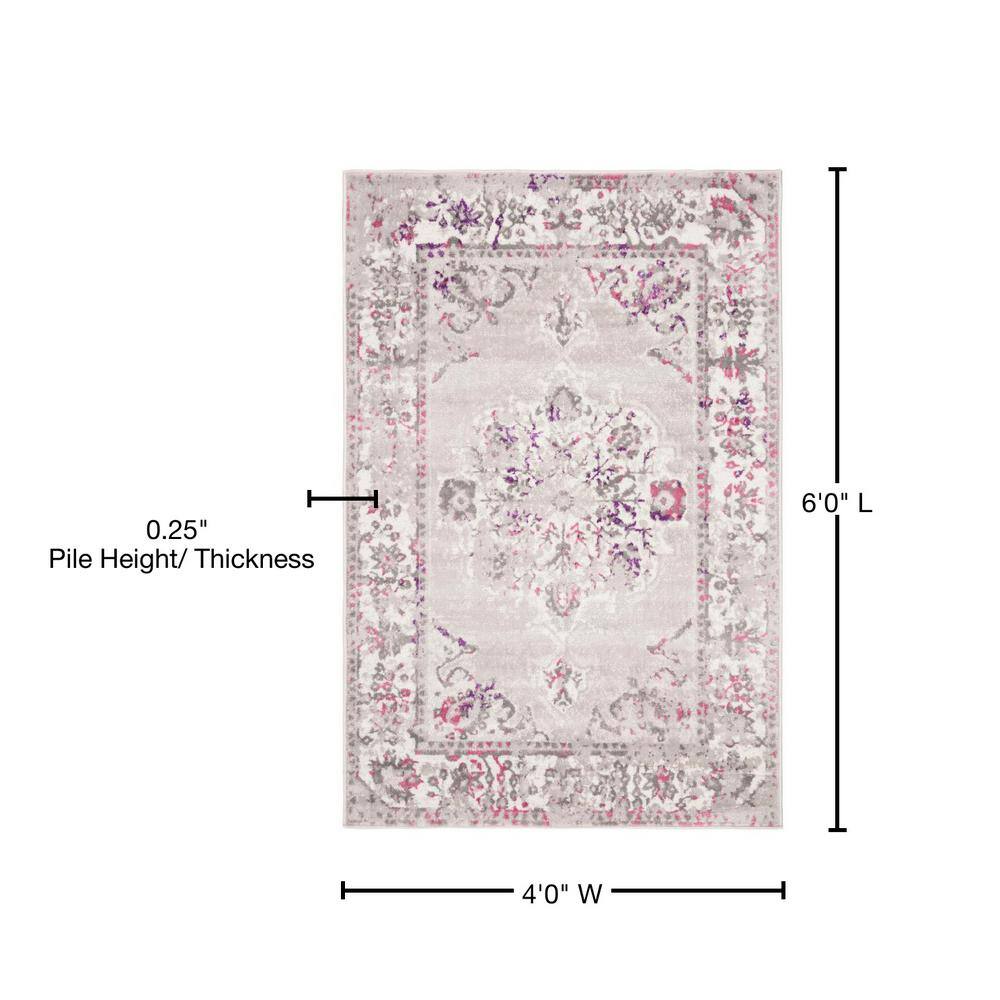 Grey and Pink Floral Synthetic 4' x 6' Area Rug