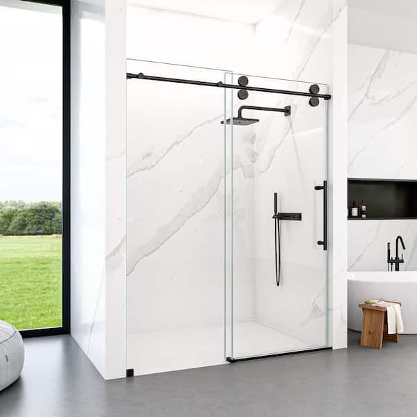 Sally 48 in. W x 76 in. H Semi Frameless Single Sliding Shower Door in Matte Black with Bypass Design