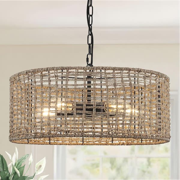 5 Lights Black Farmhouse Hand-Woven Rattan Shade Pendant Light