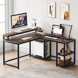 Malone 59 in. L-Shape Black Metal Brown Particle Board Wood Top Computer Desk with Monitor Stand Rotating Shelves