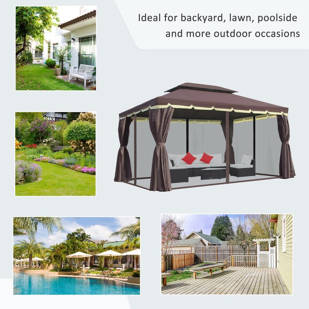Coffee Brown Aluminum Outdoor Gazebo with Netting and Curtains