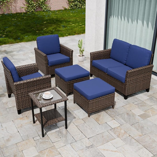 EAGLE PEAK 6-Piece Mix Brown Wicker Patio Conversation Set Wide Armrest Loveseat Sofa Seating Set with Blue Cushions