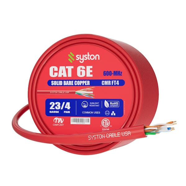 100 ft. Red CAT 6E CMR 600MHz 23AWG Solid Bare Copper Ethernet Internet Cable, Bulk No Ends for PoE IP Camera Router LAN