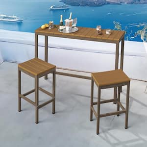 3-Piece 55 in. Brown Outdoor Dining Table Set Aluminum Outdoor Bar Set HDPS Top With Bar Stools for Balcony