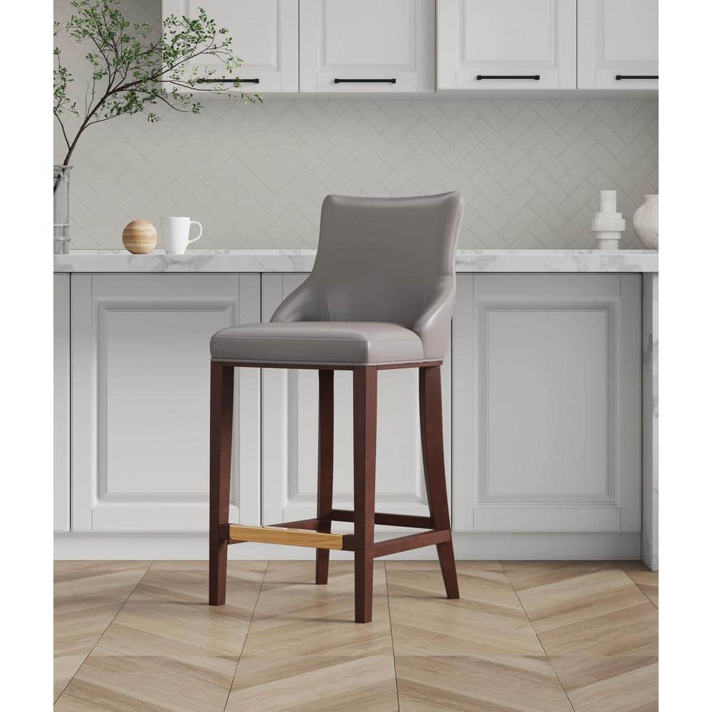Shubert Dark Taupe Leatherette Upholstered Barstool with Beech Wood Legs
