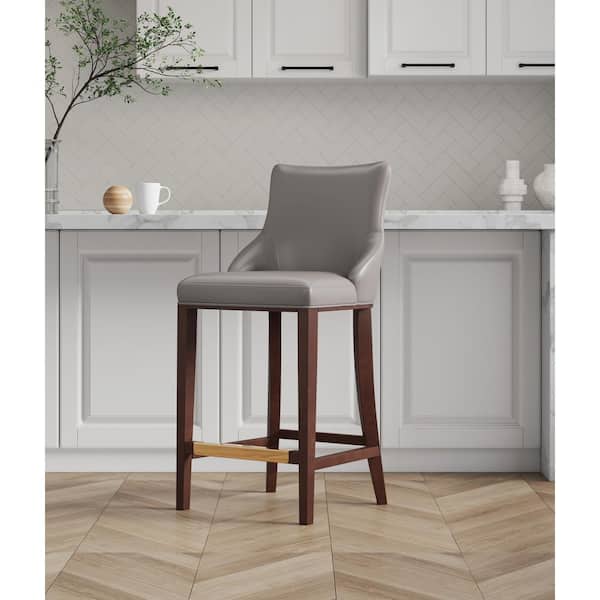 Shubert 29.13 in. Dark Taupe Beech Wood Bar Stool with Faux Leather Upholstered Seat