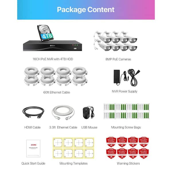 ZOSI 4K 16-Channel 8MP PoE 4TB NVR Security Camera System with 8