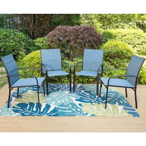 Black Ergonomic Blue Textilene Metal Outdoor Dining Chair with Wave Arms (4-Pack)
