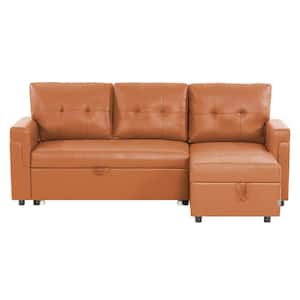 78 in. Square Arm 1-Piece Faux Leather L-Shaped Sectional Sofa in Caramel with Chaise