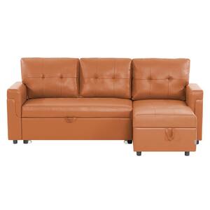 78 in W Caramel, Reversible Air Leather Faux LeatherSleeper Sectional Sofa Storage Chaise Pull Out Convertible Sofa
