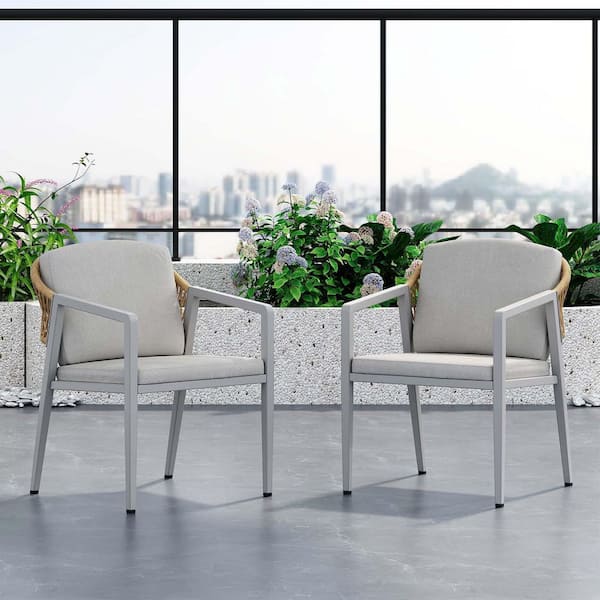 Unbranded Metal Outdoor Dining Chair Patio Chairs Outdoor Armchair with Armrest and Light Gray Cushions (2-Pack)