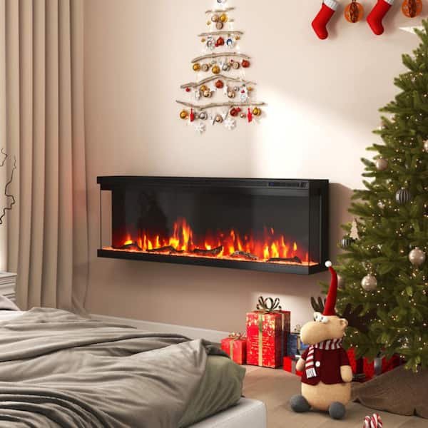 50 in. 3-Sided Wall Mount Electric Fireplace in Black with 12 Flame, Remote, 5 Brightness, Timer, 3D Recessed Fireplace