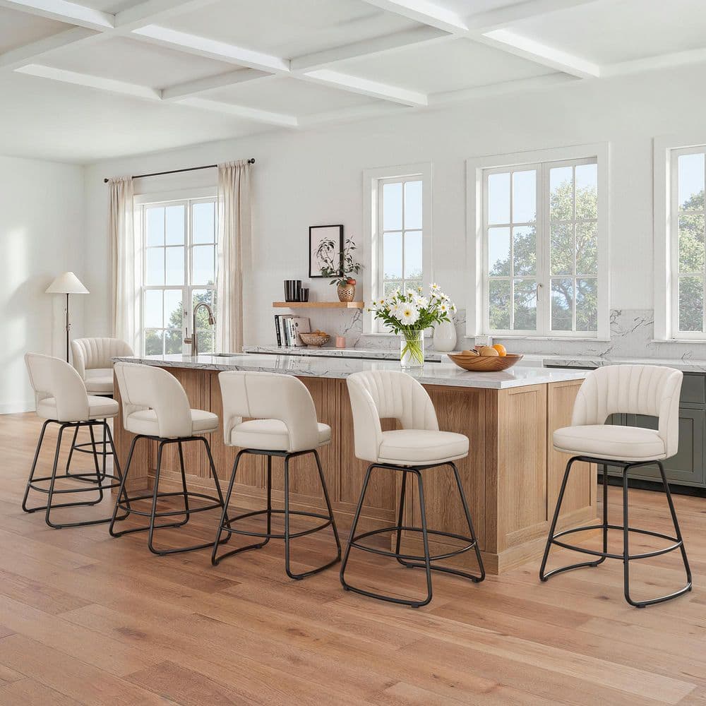 26 in. White Faux Leather Swivel Bar Stool Metal Frame Upholstered Counter Height Barstools with High Back (Set of 6)