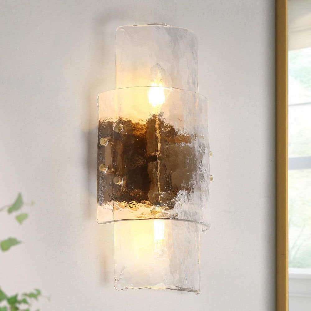 Modern 6.3 in. 2-Light Plated Brass Glacier Glass Wall Sconce Bedroom Hallway Horizontal/Vertical Flush Mount Wallchiere price history on PriceWatchPro