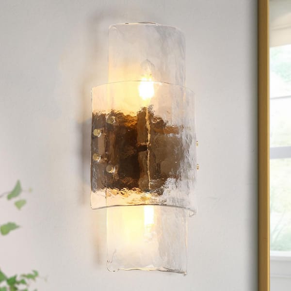Modern 6.3 in. 2-Light Plated Brass Glacier Glass Wall Sconce Bedroom Hallway Horizontal/Vertical Flush Mount Wallchiere