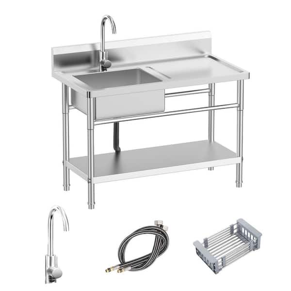 23.6 in. D x 39.4 in. W Freestanding Utility Sink with Rotatable Cold and Hot Water Faucet, Hoses and Drainage Basket