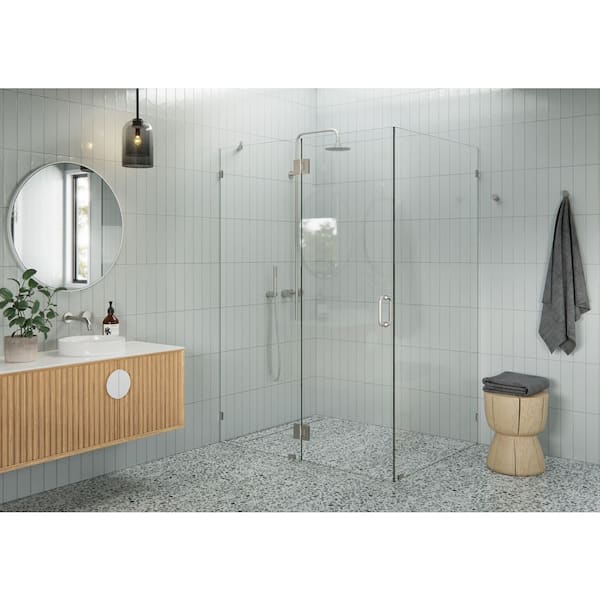 Glass Warehouse 57 in. W x 44 in. D x 78 in. H Pivot Frameless Corner Shower Enclosure in Brushed Nickel Finish with Clear Glass