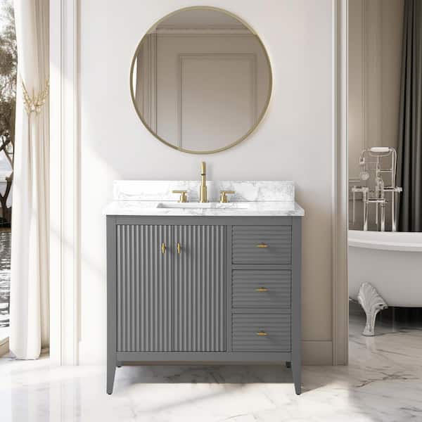 Vanity Art 36 in. W x 22 in D x 38 in. H Single Sink Bath Vanity Cabinet in Linear Gray with White Engineered Marble Top